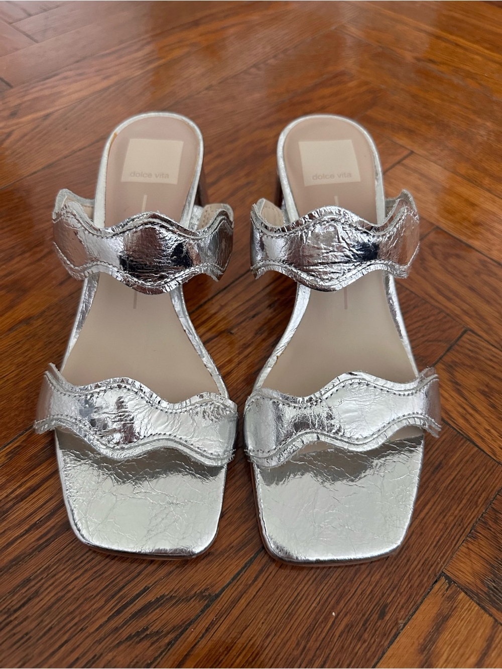 Dolce Vita Metallic Silver Wavy Double-Strap Sandals
